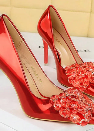 Donne 10.5cm tacchi alti in pelle lucida Drag Queen banchetto Dress Pumps Lady Luxury Crystal Bow Stiletto Blue Green Red Prom Shoes