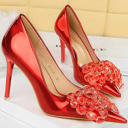 Donne 10.5cm tacchi alti in pelle lucida Drag Queen banchetto Dress Pumps Lady Luxury Crystal Bow Stiletto Blue Green Red Prom Shoes