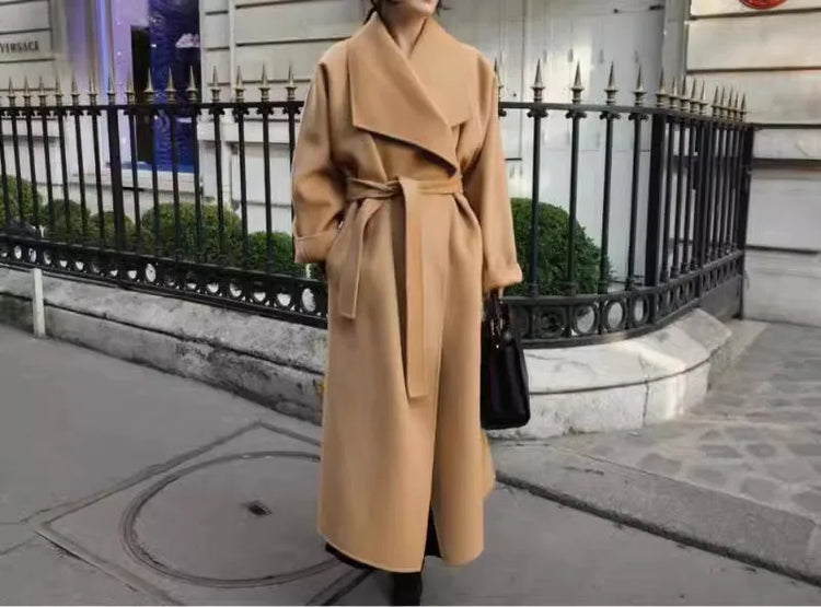 High-end Women Double-sided Wool Long Coat Warm Baby Blue Lapel Loose Double Breasted Wool Coat Female Fashion Autumn Winter