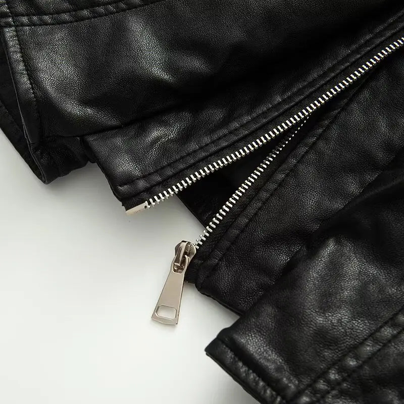 Vintage Elastic Waist Cinching Brwon Leather Jacket Women Casual Lapel Zipper Pu Coat Lady Autumn Outdoors Highstreet Outwear