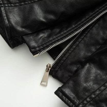 Vintage Elastic Waist Cinching Brwon Leather Jacket Women Casual Lapel Zipper Pu Coat Lady Autumn Outdoors Highstreet Outwear