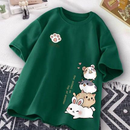 T-shirt a maniche corte da indossare ogni giorno con stampa dolce stile criceto giapponese carino T-shirt a mezza manica per studente adolescente casual allentato da donna