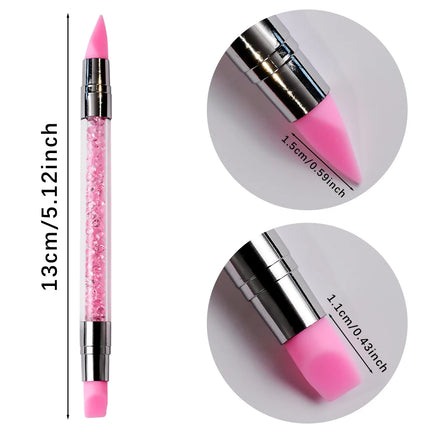 5Pcs/Set Pink Dual Ended Rhinestone Nail Art Silicone Pen Sculpture Pen/3D Flower Carving/Dotting Nail Tool 13cmManicure Brush