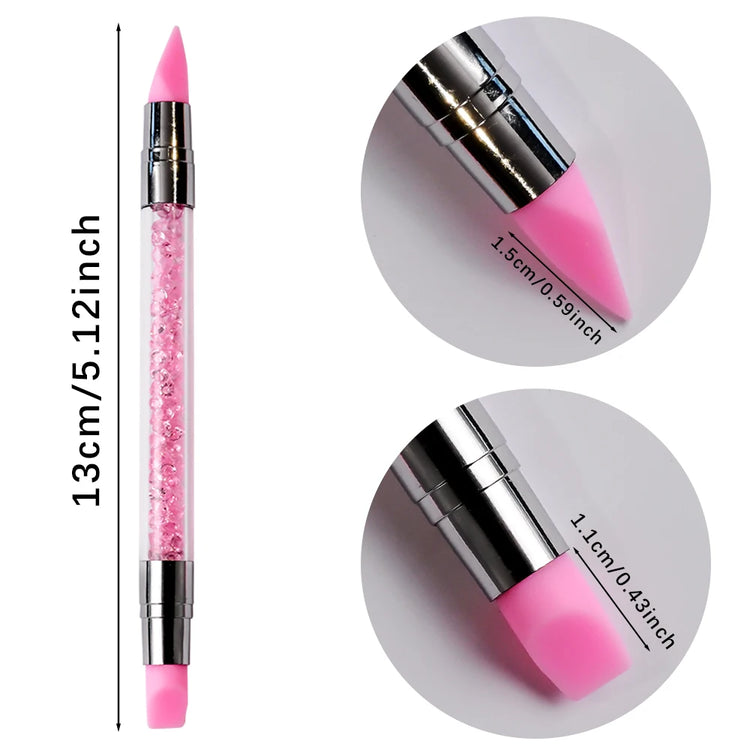 5Pcs/Set Pink Dual Ended Rhinestone Nail Art Silicone Pen Sculpture Pen/3D Flower Carving/Dotting Nail Tool 13cmManicure Brush