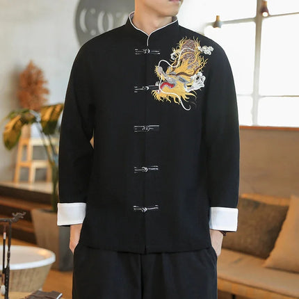 Camicie da Uomo a Maniche Lunghe in Stile Cinese, Ricamate, per Kung Fu e Tai Chi, Cardigan Retrò in Lino, Abito Tradizionale Tang, Top Tradizionale da Uomo
