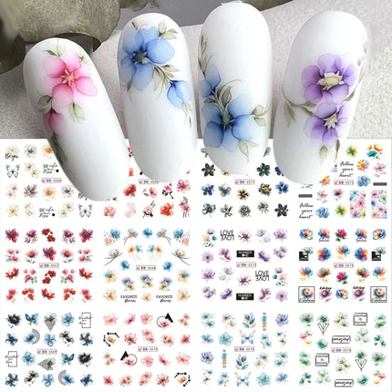 12 Design Ink Flowers Water Transfer Nail Stickers Decals Patchwork Animal Bear Nail Sliders for Women DIY Manicure Decorations