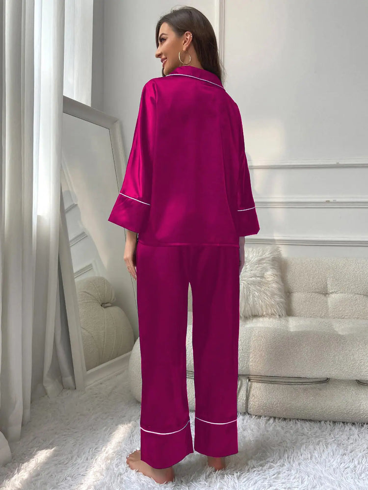 Pigiama da donna Completo da notte Completo da pigiama Pj Set Top a maniche lunghe in raso con pantaloni Pigiama da 2 pezzi Pigiama da donna