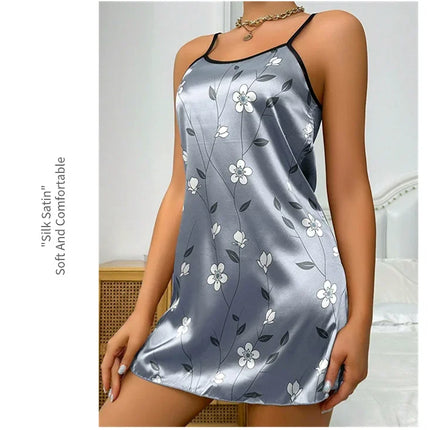 Women's Nightwear Summer Floral Print Satin Nightgown Casual Sleeveless Backless Nightdress Sexy Nightwear Home Clothes