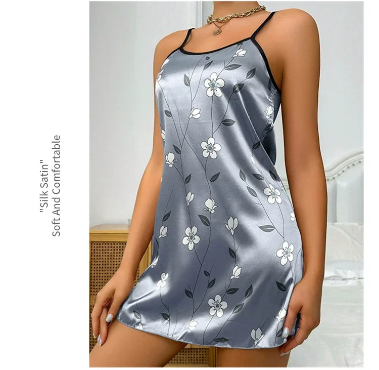 Indumenti da notte da donna Camicia da notte estiva in raso con stampa floreale Camicia da notte casual senza maniche senza schienale Camicia da notte sexy Abiti per la casa
