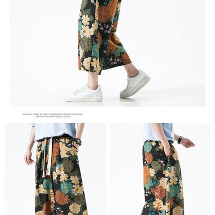 Pantaloncini da uomo estivi Stampa Pantaloni da spiaggia traspiranti a gamba larga Pantaloni larghi casual alla moda Vita elastica Comodi pantaloni al polpaccio da uomo