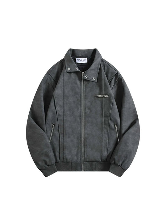 Women Grey Leather Jacket Coat Harajuku Vintage Long Sleeve Motorcycle Jacket Streetwear Mustang Outerwear 2000s Outfits Clothes