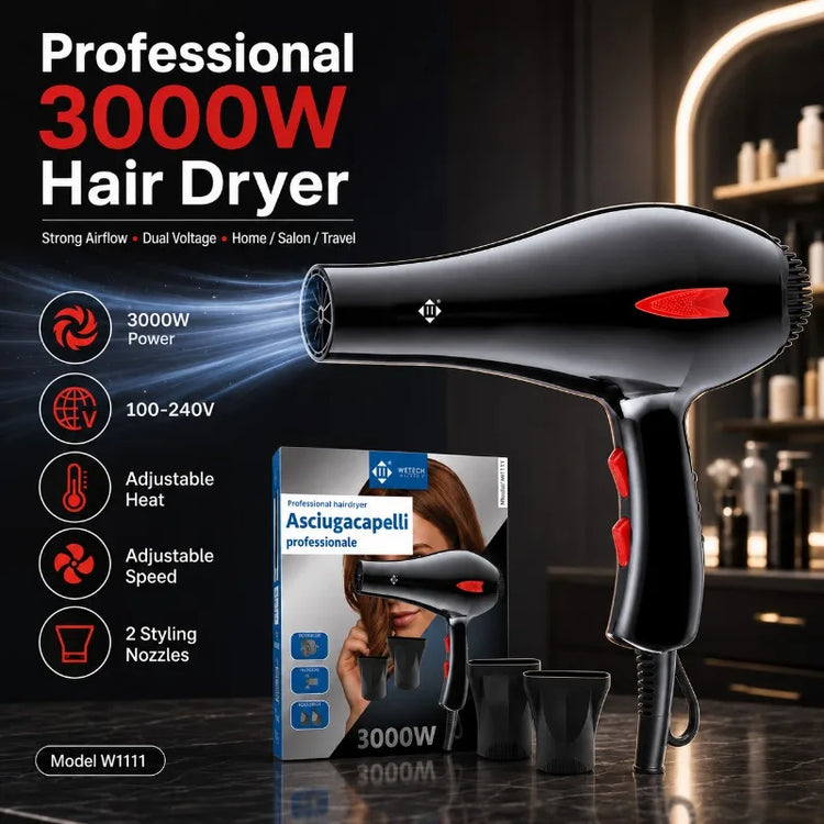Professional 3000W Hair Dryer 100‑240V Dual Voltage Blow Dryer Adjustable Heat Speed With Nozzles For Home Salon Travel Hair Styling
