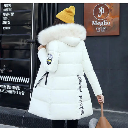 Women Winter Fur Collar Hooded Parka Coats Fashion Letter Patch Zipper Long Jacket Elegant Slim Warm Thick Female Snow Outerwear