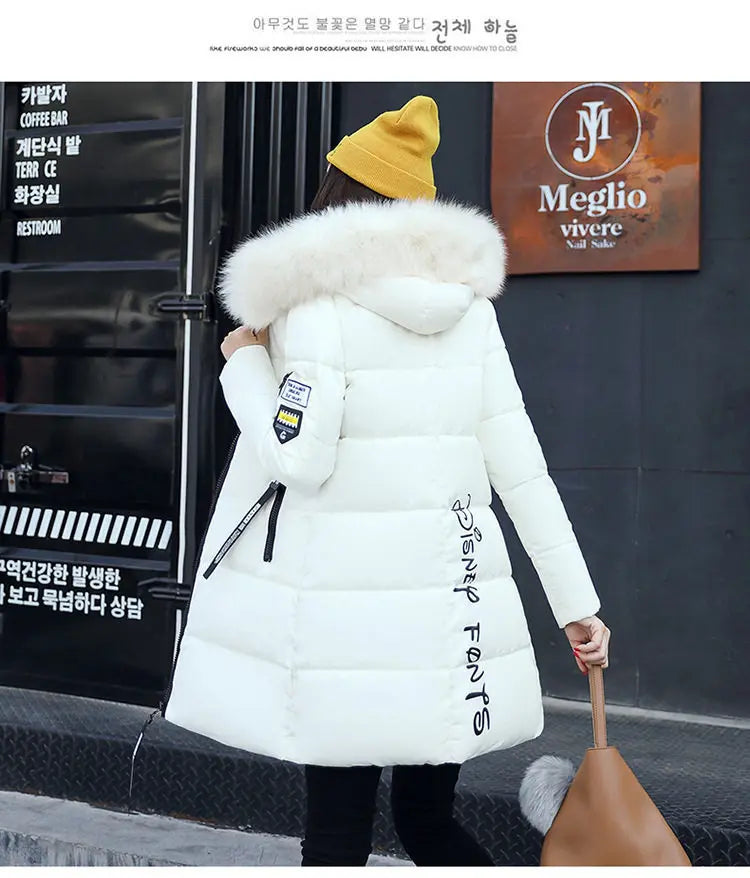 Women Winter Fur Collar Hooded Parka Coats Fashion Letter Patch Zipper Long Jacket Elegant Slim Warm Thick Female Snow Outerwear