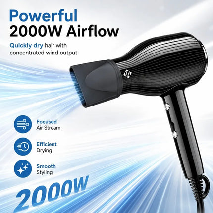 2000W WETECH Professional Hair Dryer AC 220‑240V Cold Air Blow Dryer Lightweight Black Hairdryer for Home Travel Salon Hair Styling
