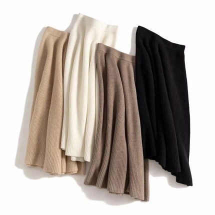 100% Pure Cashmere Over-The-Knee Mid-Length Knitted Skirt for Women, Autumn and Winter, 100% Pure Cashmere High-Waisted Slimming Base Umbrella Skirt, Thick for Commuting PlatiNum