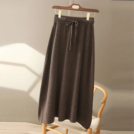 Autumn And Winter100% Pure Wool Skirt Women's Long Pocket Small A Skirt High Waist Slim Cashmere Knit A-Line Skirt PlatiNum