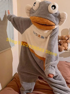 Cartoon Animal One‑Piece Pajamas Soft Coral Fleece Plush Jumpsuit Warm Loungewear For Home Sleepwear Theme Party Costume