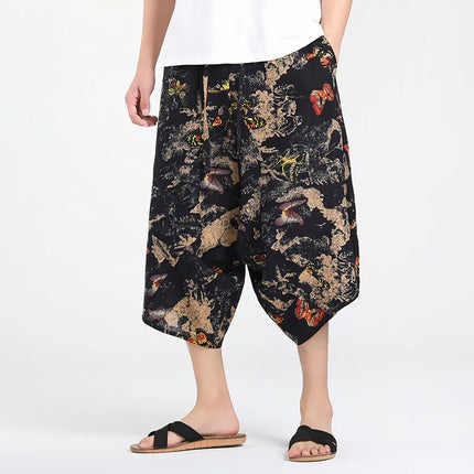 Pantaloncini Estivi Harajuku Larghi con Stampa, Traspiranti, Casual, Lunghezza al Polpaccio, Nuovi Pantaloni da Uomo in Cotone e Lino Oversize Stile Lanterna