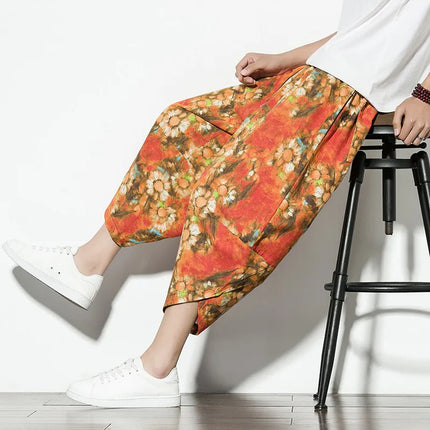Pantaloncini Estivi Harajuku Larghi Stampati Traspiranti Casual a Lunghezza Polpaccio in Cotone Oversize da Uomo
