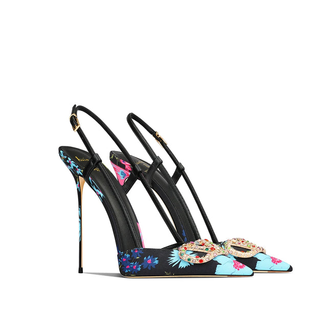 Elegant Black Stiletto Heels with Floral Motifs and Pointed Toe for Women, New Autumn 2026 Design