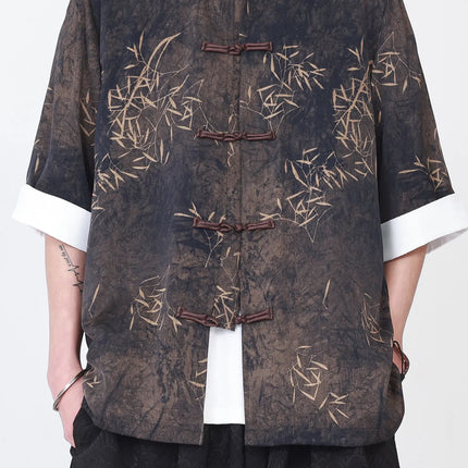 Camicie da uomo estive di lusso in jacquard con foglie di bambù, camicia a maniche corte da uomo in stile cinese tradizionale, camicia casual da uomo per Kung Fu e Tai Chi