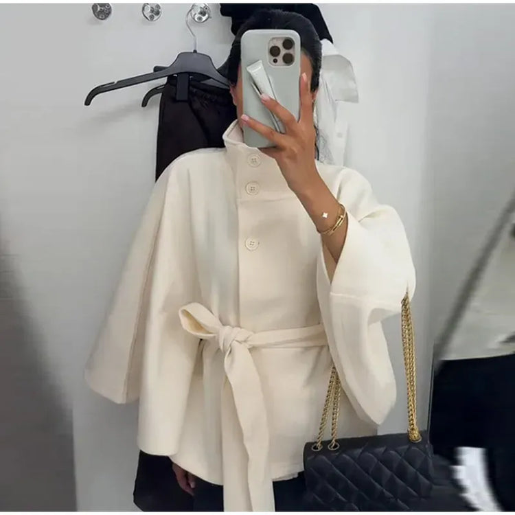 Elegant Wool Blend Cropped Coat With Belt For Women Chic Stand Collar Button Three Quarter Sleeve Jacket 2025 Autumn Outerwear