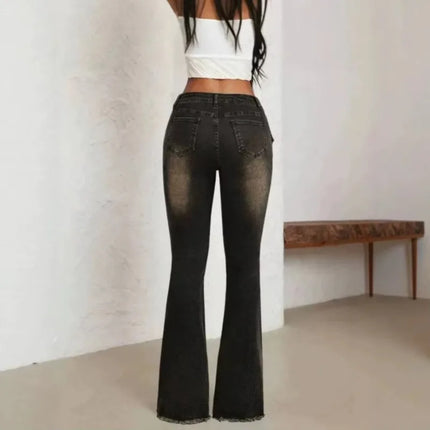 Women Vintage Washed Flare Jeans With Wide Belt Raw Hem Split Hem Seam Detail High Waist Slim Fit Denim Pants