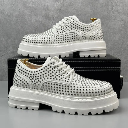 Luxury Designer Rivets Men Leather Casual Shoes Fashion Breathable Height Increasing Male Brogue Derby Shoes Zapatillas Hombre