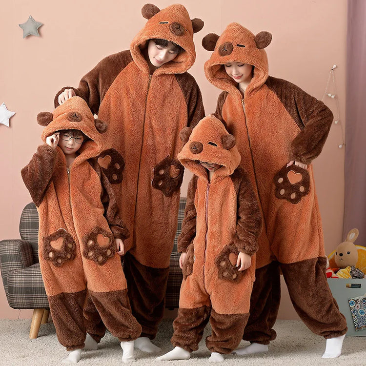 Family Matching Hooded Jumpsuit Cartoon Cypabara Onesie Winter Warm Sleepwear Boys Girls Pajamas Christmas Cartoon Home Clothes
