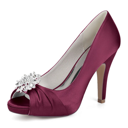 Primavera Boca de pescado Punta redonda Diamantes de imitación de seda Zapatos de boda impermeables de tacón alto para mesa Sandalias de mujer de talla grande para vestido de banquete