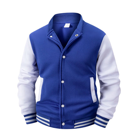 Men's Fleece-Lined Varsity Jacket Autumn Winter Warm Color Block Baseball Jacket Button Front & Striped Cuffs Retro Casual Coat