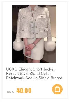 UCXQ Elegant Woolen Coat Temperament Office Lady Overcoats Fur Patchwork Long Sleeve Beautiful Women's Coats 2025 Winter New