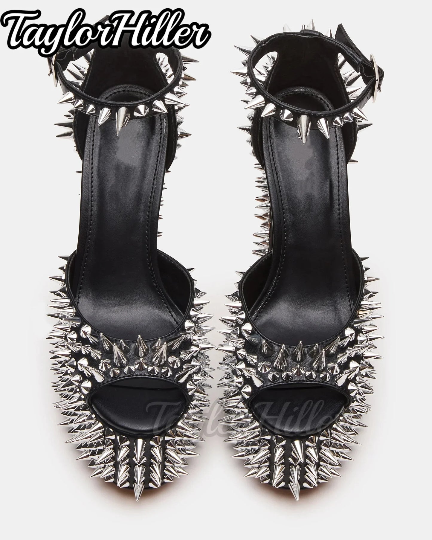 Punk Silver Rivets Platform Heeled Sandals Block Heel Women Gothic Rock Buckle Strap High Heels Designer Luxury Hot Girls Shoes