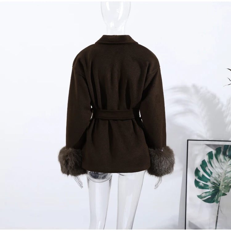 Elegant Women's Lace Up Woolen Coats Solid Full Sleeve Turn-down Collar Loose Lady Coats 2026 Autumn Winter Female Streetwear