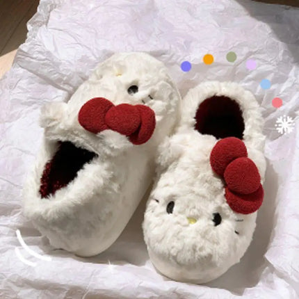 San-Rio Cute Girls Plush Slippers Cartoon Hello Kitty Winter Women Warm Cotton Shoes Female Kawaii Home Thick Sole Shoes Outdoor