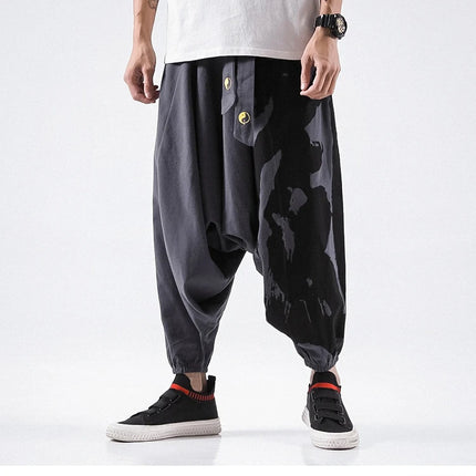 Pantaloni alla moda da uomo Samurai giapponese Ukiyo-e Cintura con stampa Pantaloni stile harem da uomo in cotone e lino Casual Oversize Harajuku Pantaloni a gamba larga da uomo