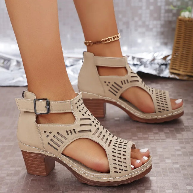 Women's Sandals 2026 New Summer Breathable Hollow Thick Heel Sandals Women's Retro Roman Style High Heel Sandals