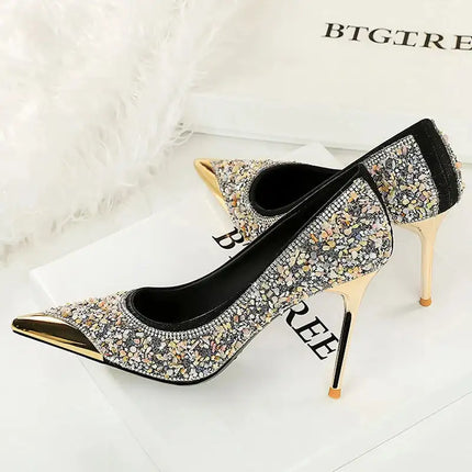 BIGTREE Scarpe Tomaia per scarpe con strass Décolleté da donna Tacchi a spillo 9,5 cm Punta a punta in metallo Tacchi alti Décolleté in cristallo di lusso Lady platinumshop