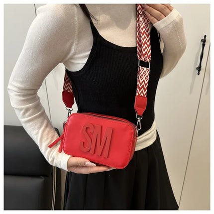 Chic SM Letter Camera Bags, Stylish Women’s Crossbody Small Square Purses with Wide Patterned Straps, Perfect for Daily Casual PlatiNum