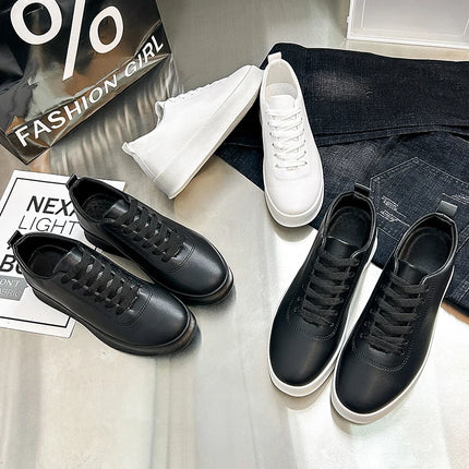 Fashion Thick Sole Black White Soft Men Leather Shoes Platform Men Casual Board Shoes Walking Sport Shoes Lightweight Work Shoes