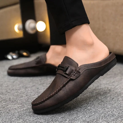Mezze pantofole da uomo in pelle estiva Scarpe casual da uomo traspiranti Scarpe da guida pigre slip-on Comode mocassini da passeggio Mocassini