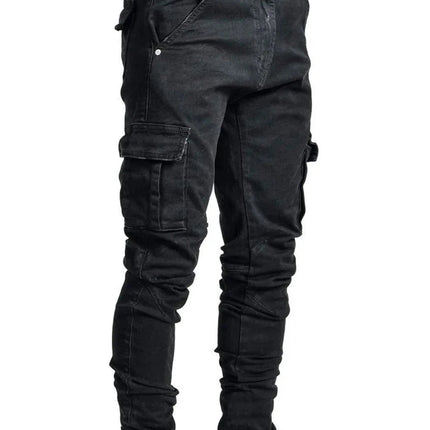 Street Elastic Jeans Men Denim Cargo Pants Wash Solid Color Multi Pockets Casual Mid Waist Trousers Slim Fit Daily Wear Joggers PlatiNum