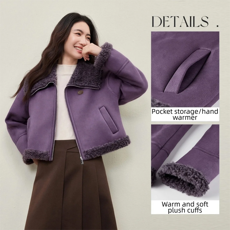 SENTUBILA Women's Faux Suede Coat Plush Lapel Zipper Faux Leather Cropped Jacket 2026 Winter Retro Ladies Outerwear W54PD5913