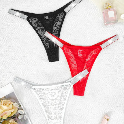 3pcs Sexy Thongs Lace Women Underwear Perspective Floral Panties Low Rise Two Shiny Belts G-string Comfortable Intimate Lingerie
