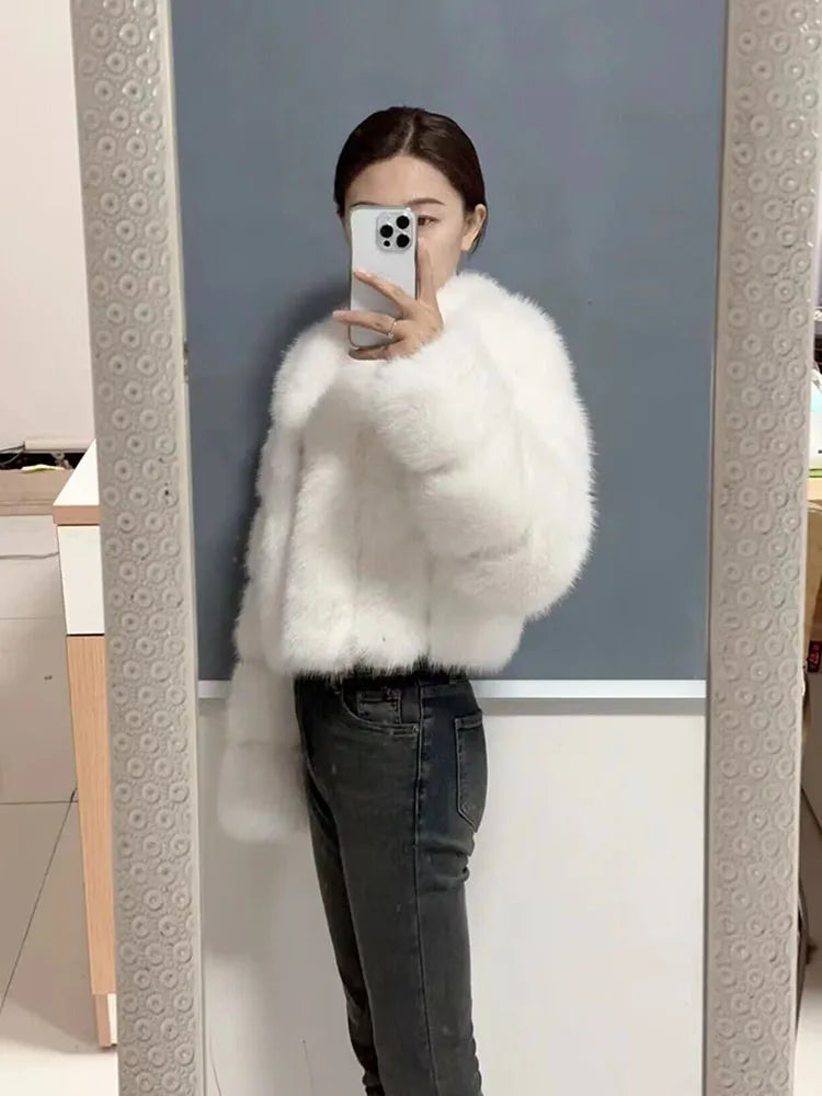 ZADORIN Luxury Cropped White Faux Fox Fur Coat Woman Clothing V Neck Long Sleeve Winter Fluffy Faux Fur Jacket Fur Coats Woman