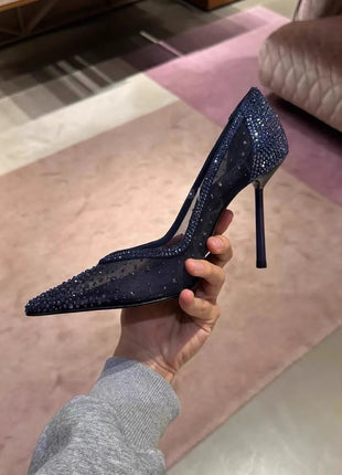 Scarpe col tacco alto a punta tempestate di diamanti in maglia blu con scarpe di cristallo con tacchi fini, nuove scarpe singole in pizzo scavato con tacco sottile platinumshop