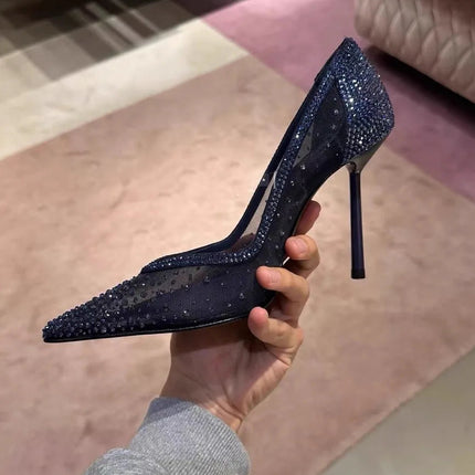 Scarpe col tacco alto a punta tempestate di diamanti in maglia blu con scarpe di cristallo con tacchi fini, nuove scarpe singole in pizzo scavato con tacco sottile platinumshop