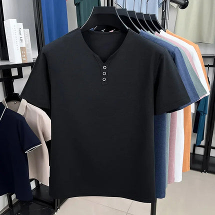 New Men's Casual and Fashionable Three Button V-neck Solid Color Short Sleeved T-shirt Summer Versatile Top PlatiNum