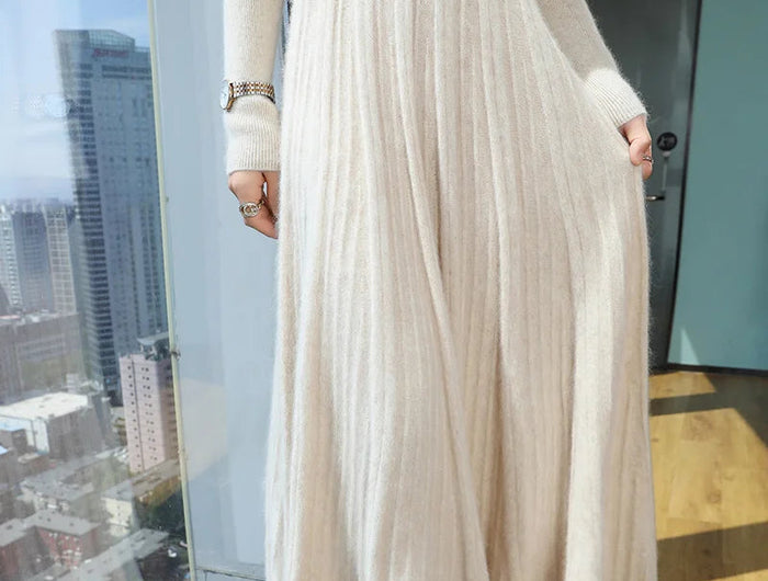 100% Pure Mink Pleated Skirts Women's Elastic High Waist Knitted Dress Fashion Joker Loose Big Swing Skirt Thick Umbrella Skirt PlatiNum